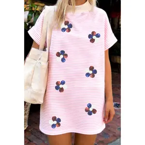 Pink Stripe Patriotic Sequin Flower Mock Neck Dress