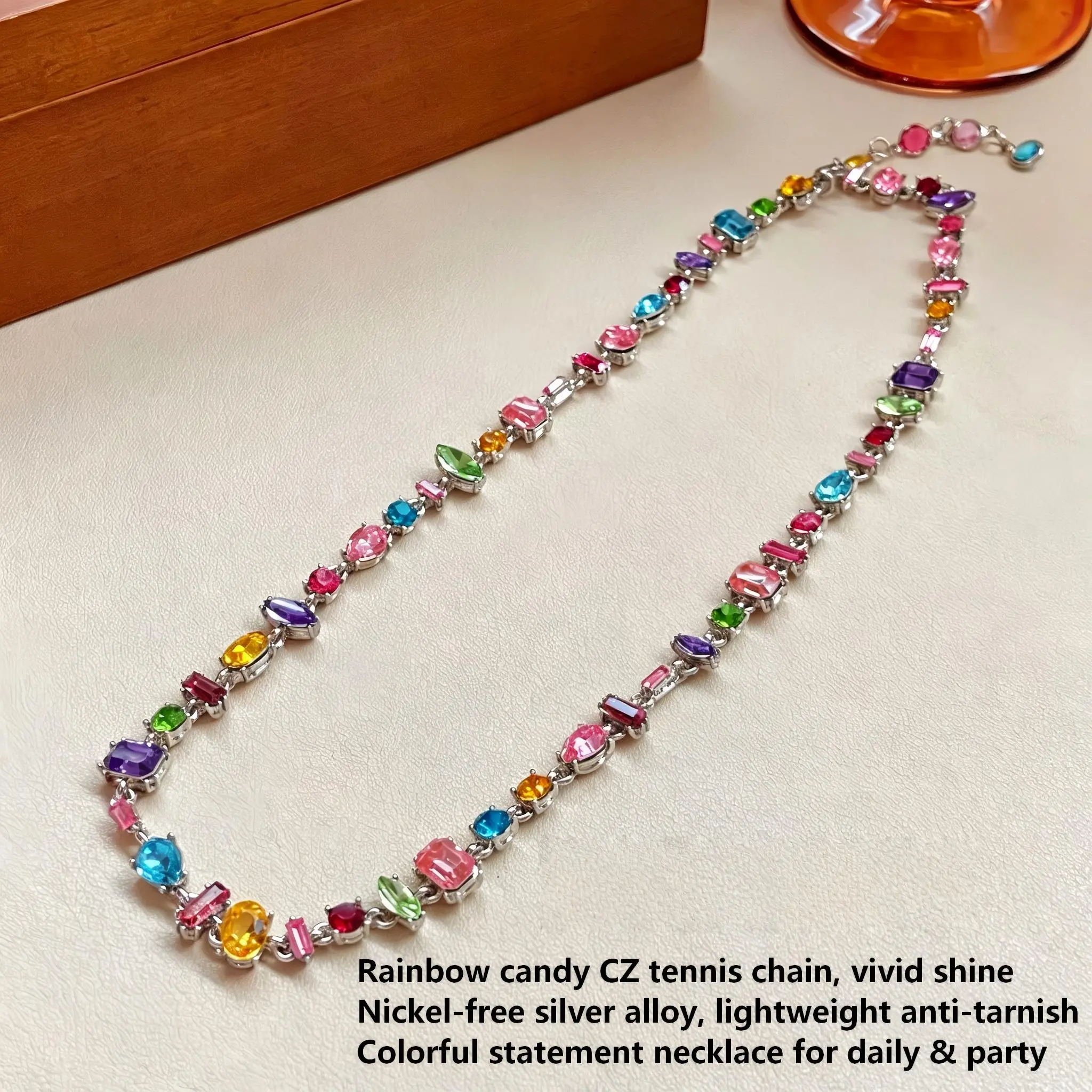 Bold Mixed Colors Candy-Inspired Crystal Necklace - Colorful Geometric Rainbow Design, Zirconia Snake Chain, Light Luxury Costume Jewelry Accessory for Valentine Birthday Gifts campingessentials