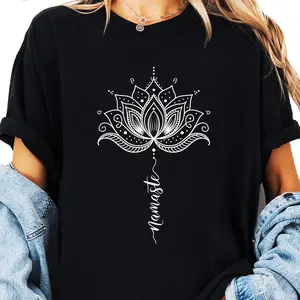 Women's Mandala for Lotus Flower Print T-Shirt - 100% Cotton Short Sleeve Crew Neck Casual Top, Black & White Intricate Floral Design, Machine Washable for Summer & Spring Black CLL T-shirts-4071