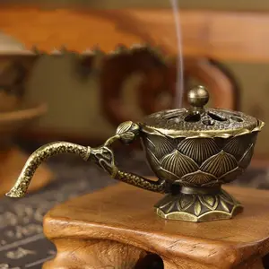 Vintage Lotus Handheld Incense Burner, New Chinese Style Zinc Alloy Indoor Sandalwood Incense Burner, Portable Home Decor Aroma Diffuser