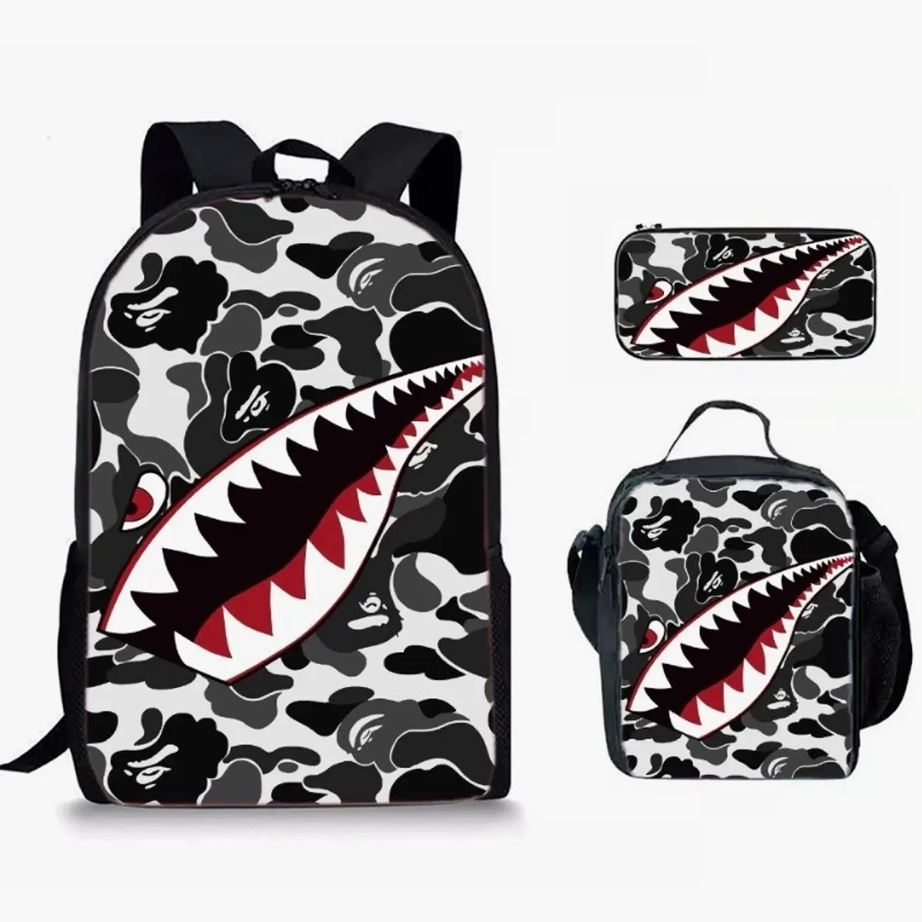 Camo Shark Daily Backpack, Large Capacity Student School Bag, Lightweight Water Resistant Design, 1/2/3 Piece Options