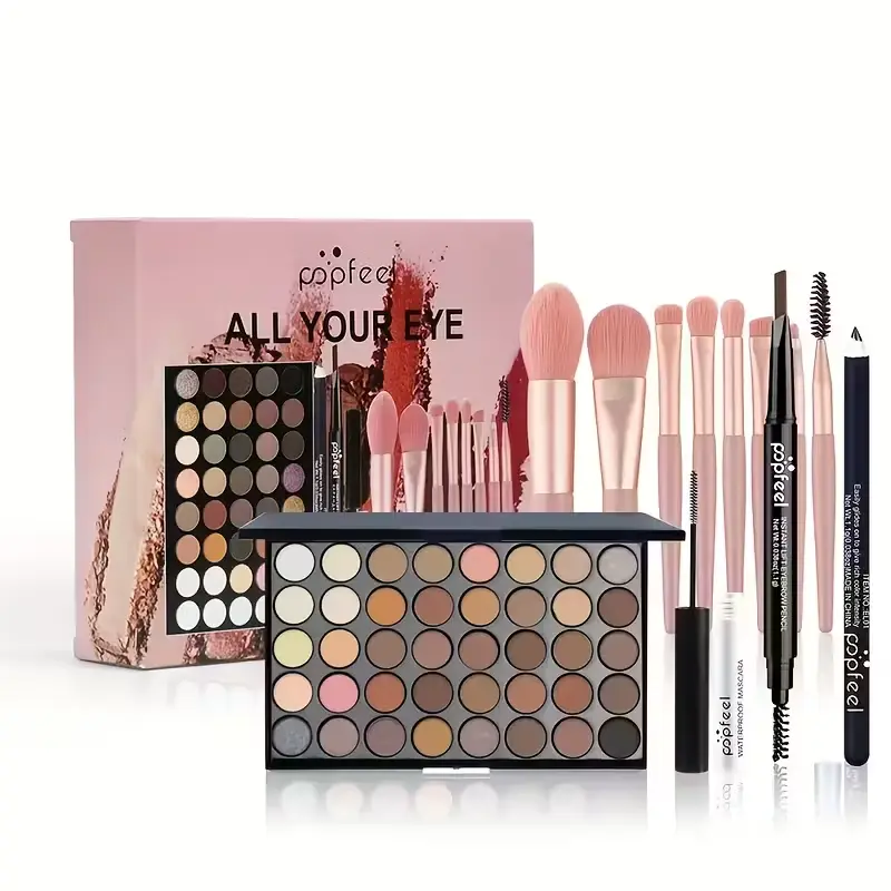 popfeel 40-Color Eyeshadow Palette and Makeup Kit for Beginners, Moisturizing Formula for All Skin Types with Mascara, Eyeliner, and Brush, Anti-Frizz, Daily Care