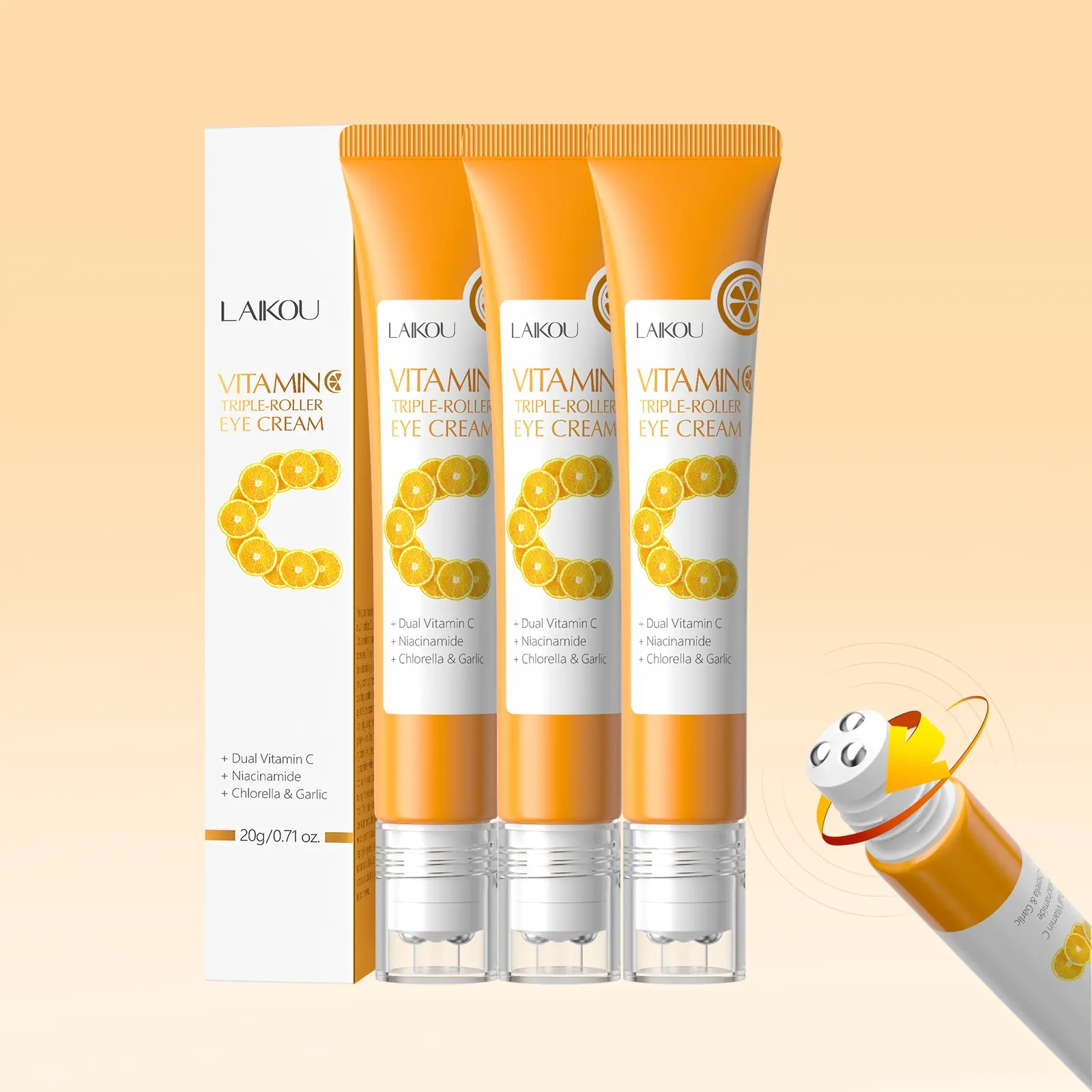 Laikou Vitamin C Triple-Roller Eye Cream 60ML,  Brightening, Illuminating Eye Cream,  Daily Use, Skincare for Women, Eye Brightener