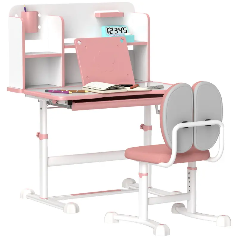 [Bellemave]Qaba Kids Desk and Chair Set, Height Adjustable Kids School Study Desk and Chair Set with Tilt Desktop, Storage Drawer and Reading Rack for Writing, Reading and Drawing, Pink