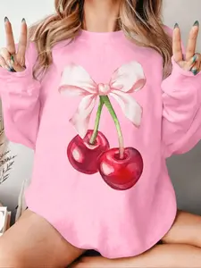 Women's Cherry & Bow Graphic Print Crew Neck Fitted Sweatshirt Tops, Casual Long Sleeve Pullover for Fall & Winter, Women's Clothes for Daily Wear
