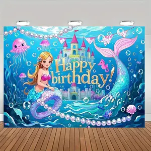 Mermaid & Letter Pattern Birthday Party Banner, 1 Count Colorful Birthday Party Decoration, Indoor & Outdoor Birthday Cake Table Background Decoration, Ornaments