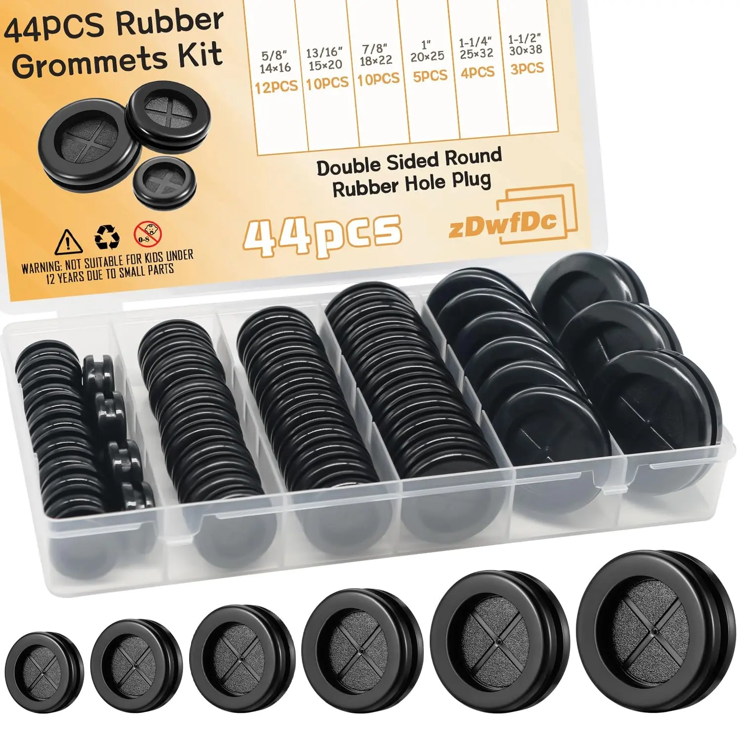 44PCS Rubber Grommet Kit 6 Sizes (5/8",13/16",7/8",1",1-1/4",1-1/2") Rubber Grommets for Wiring DD040-kit