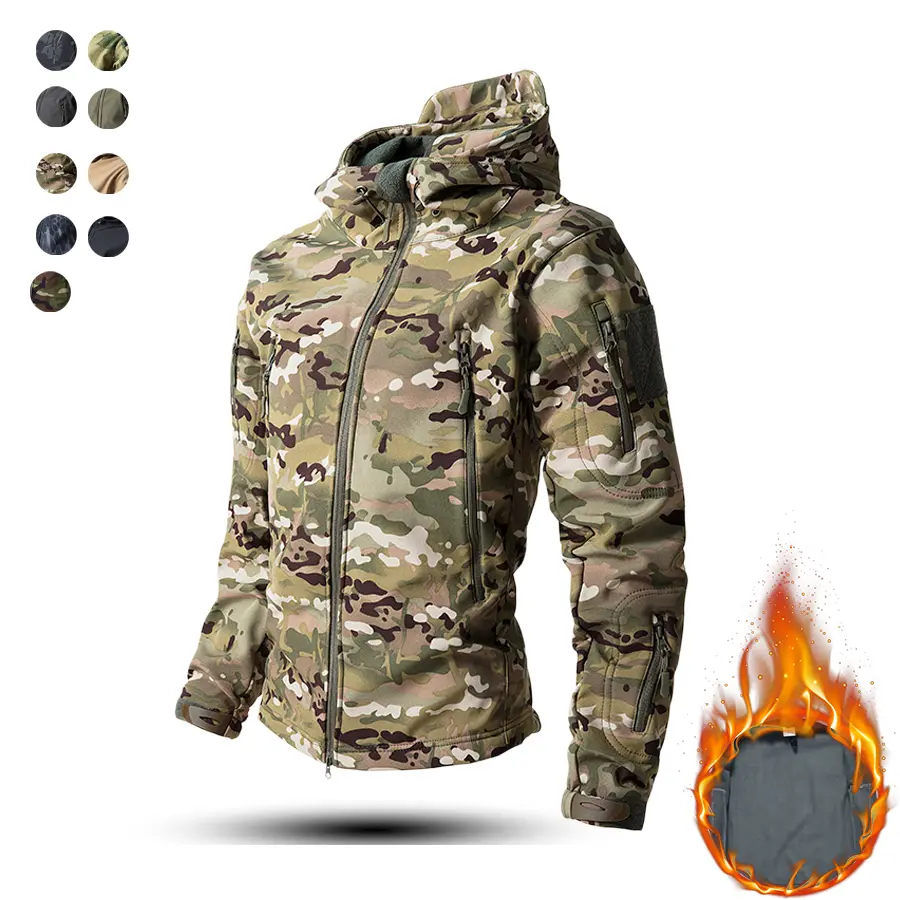 Men’s Camouflage Print Tactical Jacket - Hooded, Full Zipper, Multi-Pockets Polyester Knit Outdoor Casual Outerwear for Hiking, Hunting, Tactical Look