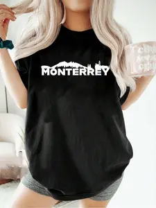 100% pure cotton Monterrey Mexico City Skyline Silhouette Outline Sketch T-Shirt printed t-shirts for women