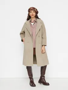 Cider Double-Faced Wool-look Notched Collar Double Breasted Longline Coat With Belt