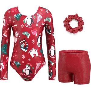 Gymnastics Leotards for Girls Long Sleeve Sparkly Dance Unitards Biketards with Tumbling Shorts