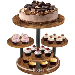 Rotatable Rustic Industrial Wood Tiered Round Cupcake Stand Cake Tower Dessert Table Display Serving Tray for Party Wedding Birthday