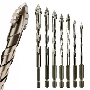 7 Pcs Four-Flute Sawtooth Eccentric Drill Bit, Eccentric Twist Drill Bit Heavy-Duty FourEdged Serrated Carbide Tip Glass Masonry Drill Bit Set for Stone Concrete Wood Brick(3/4/5/6/8/10/12mm)