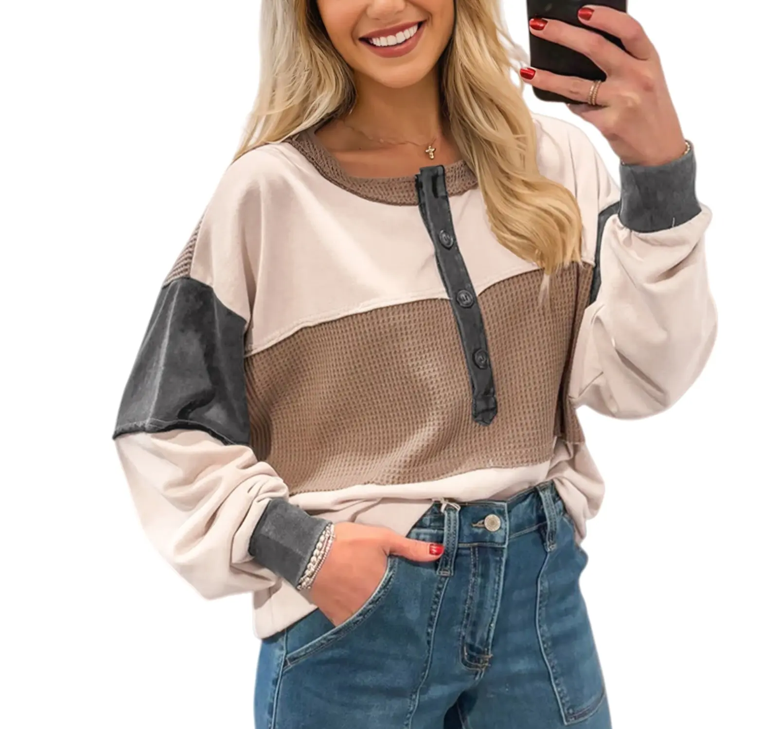 Asvivid Women's Long Sleeve Color Block Waffle-Patchwork Loose Henley Blouse - Button-Front, Comfortable, Flattering Fit Casual Top for Spring