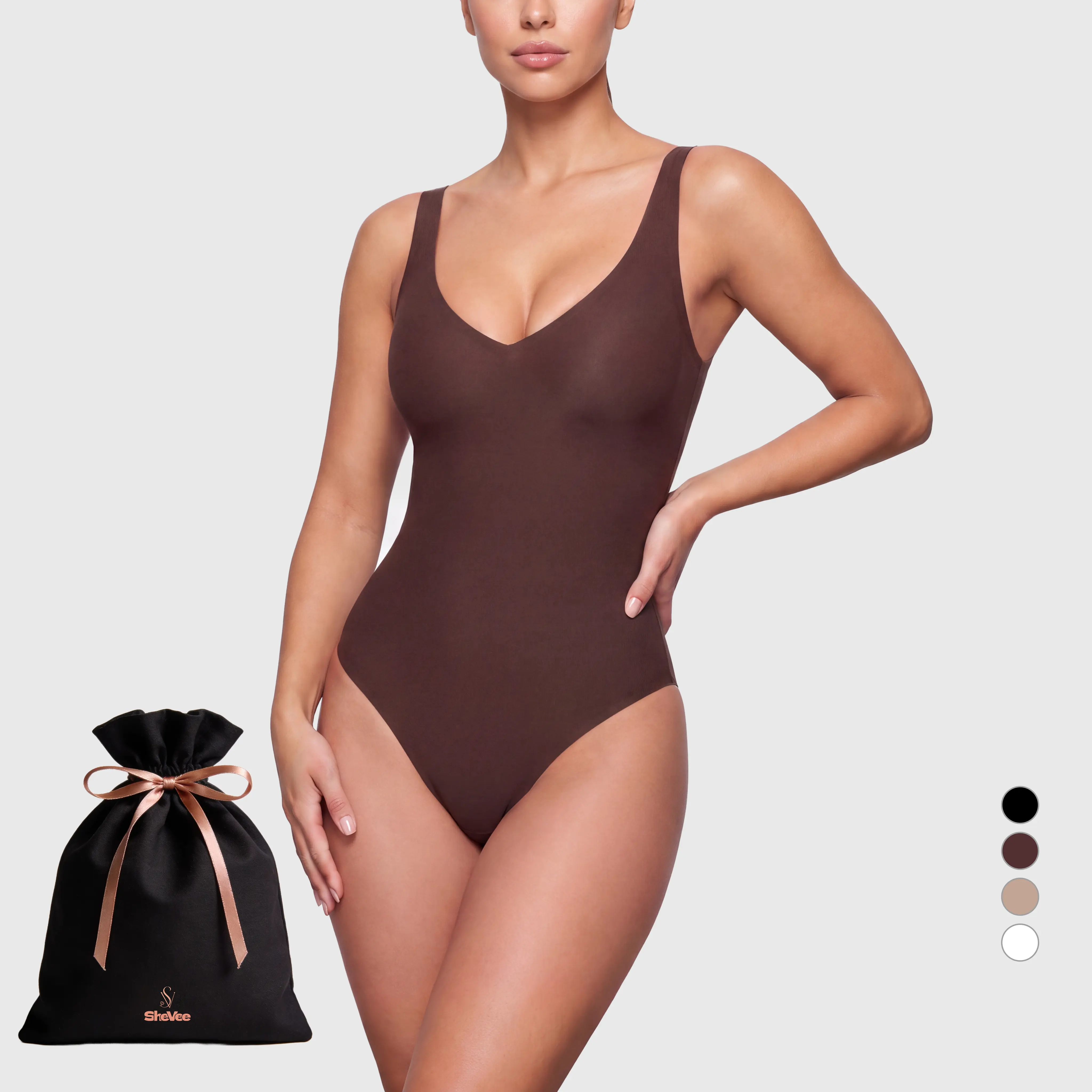 Wireless Deep Plunge Thong Bodysuit for Women, No-Show Tummy Control Shapewear, Adjustable Straps & Snap Closure