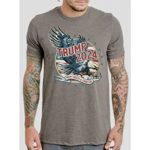 TRUMP 2024 Graphic T-Shirt - Gray Crewneck with Mean Tweets & Cheap Gas Design for Casual Men