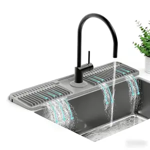 Eco-Friendly Silicone Faucet Mat for Kitchen Sink – 24-Inch Long Sink Splash Guard, 7° Slope for Fast Drainage, Snap Button Lock & Adjustable Hole Design for Tidy & Dry Space