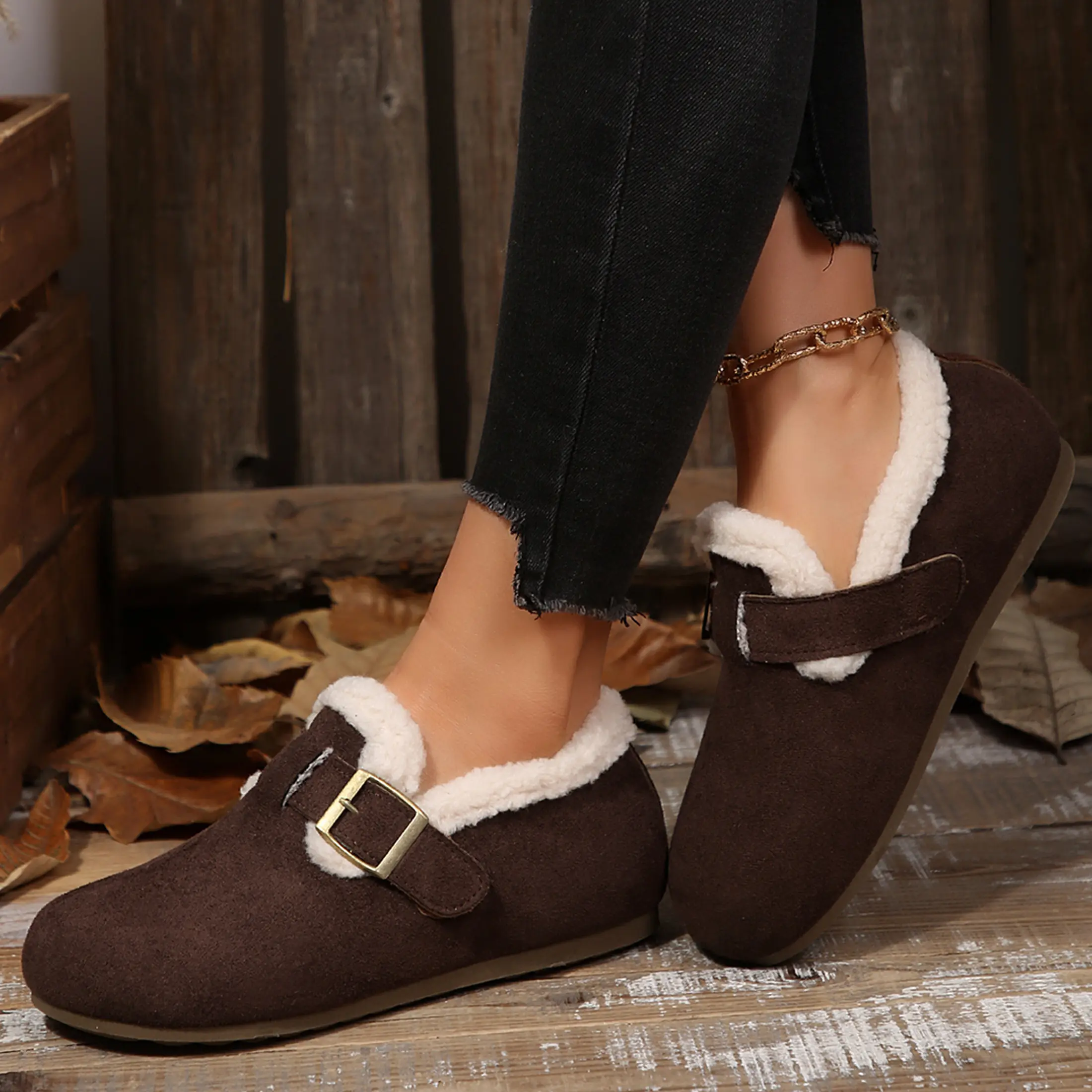 Women's Warm Lined Clogs Fuzzy Cork Footbed Adjustable Buckle Mules Slip On Winter Indoor Outdoor Shoes