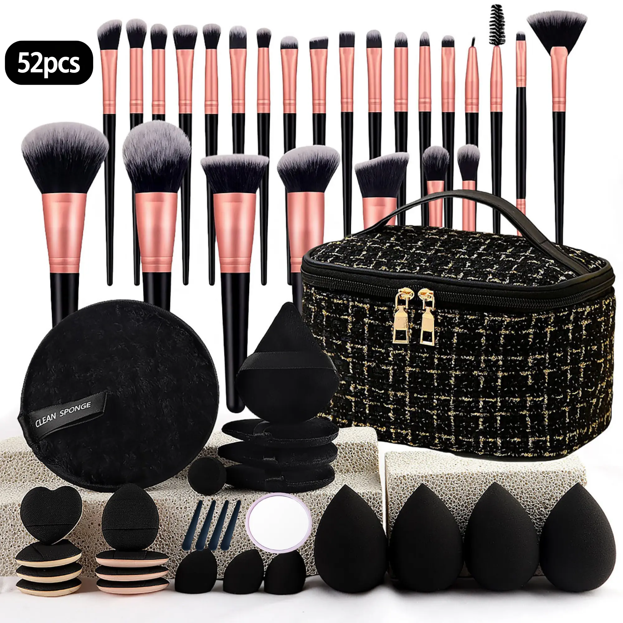 52Pcs Professional Black Eyeshadow Brushes Set, All-In-1 Multifunctional Beauty Tools Kit for All Skin Types, Includes Sponge, Powder Puff, Headband & Cleaning Bowl for Daily Facial Makeup