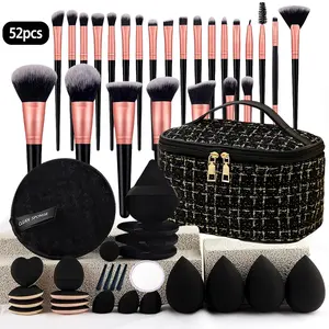 52Pcs Professional Black Eyeshadow Brushes Set, All-In-1 Multifunctional Beauty Tools Kit for All Skin Types, Includes Sponge, Powder Puff, Headband & Cleaning Bowl for Daily Facial Makeup