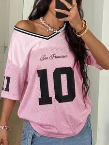Pink Mesh Jersey Top Women Oversized V-Neck T-Shirt San Francisco Number 10 Graphic Tee Summer Streetwear Fashion, Casual, Blokecore Outfit, Y2K Sporty Football Top for Women