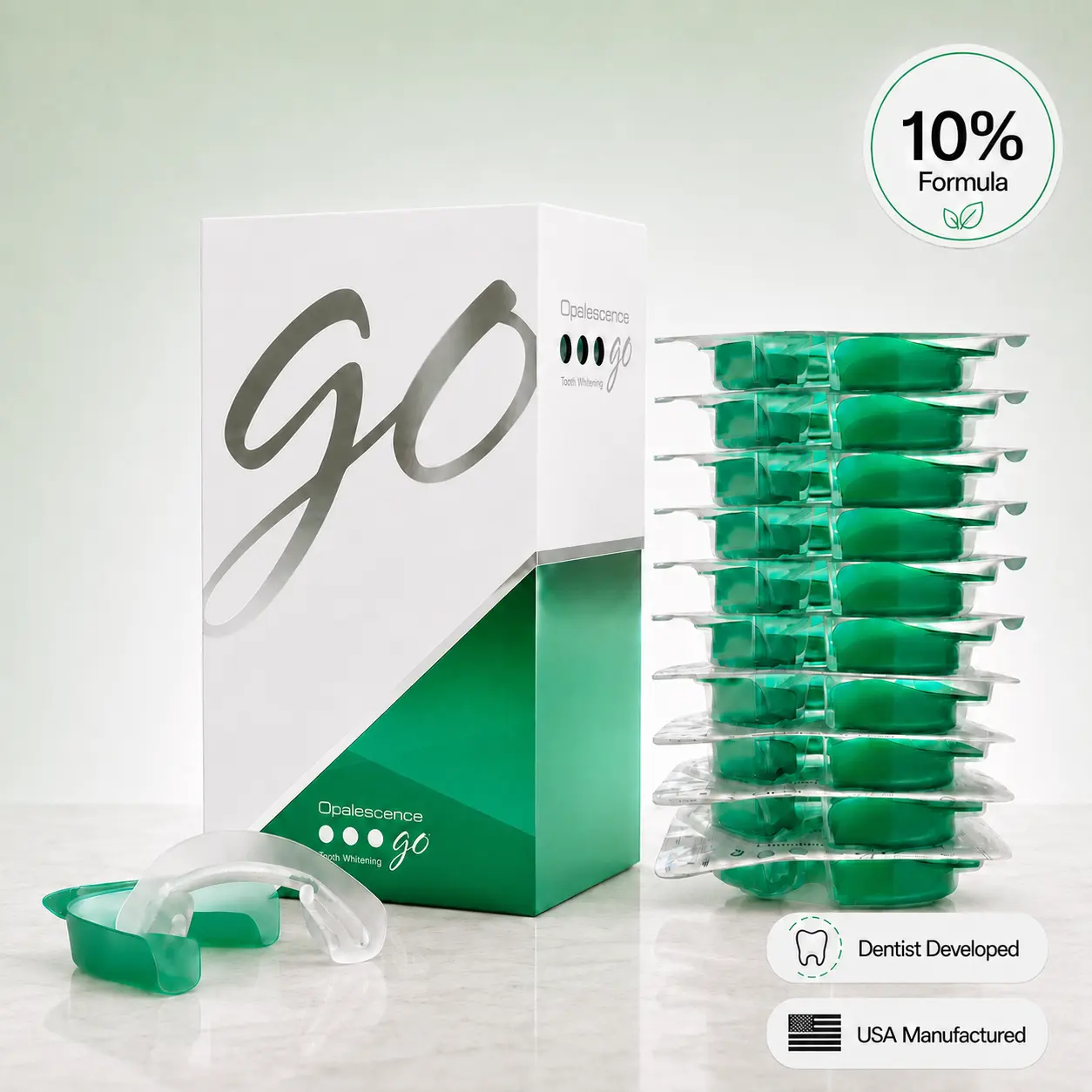 Opalescence Go 10% - Prefilled Teeth Whitening Trays Kit (10 Treatments) - 10% Hydrogen Peroxide Oral Care Gel - Mint Made by Ultradent Products.