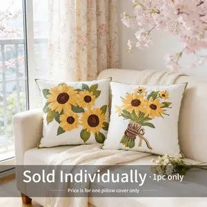 Sunflower Embroidered Pillow Cover, Plant Floral Towel Stitched Canvas Cushion Case, Home Fabric Sofa Pillowcase Without Filler, Single Piece Sale