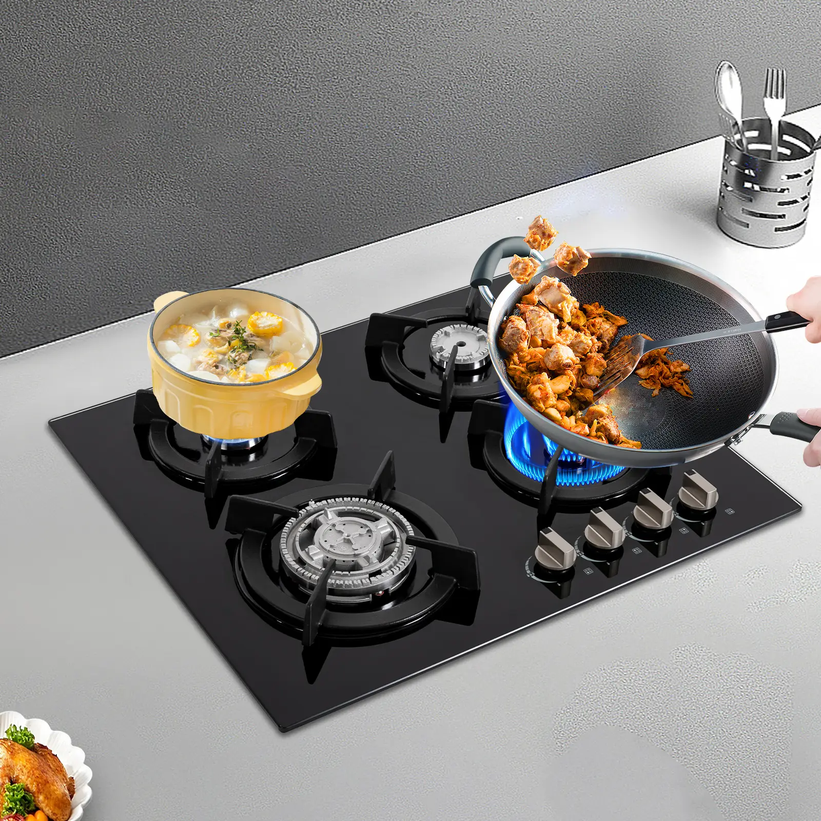 CNCEST 4-Burner NG Gas Burner Stove - Built-in Cooktop with Electronic Ignition, Tempered Glass Surface, Sleek Design, 5* Burnercaps for Restaurants, Hotels, Schools Effortless Cooking