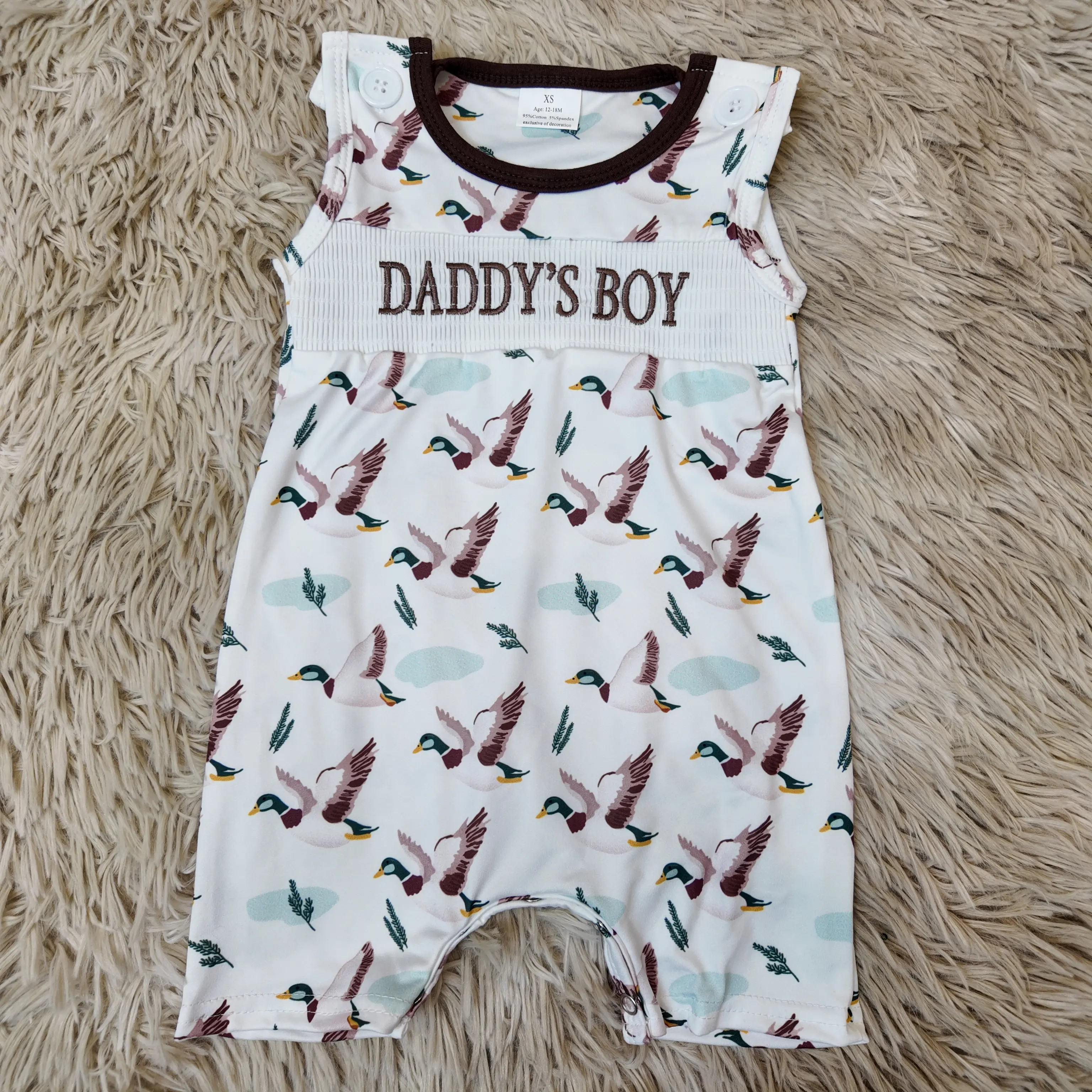 Baby Boys Clothing Smocked Sleeveless Crew Neck Romper, 'DADDY'S BOY' Toddler Bodysuit with Duck Print, Fun Themed Bodysuits, Animals, Casual Wear, 2T