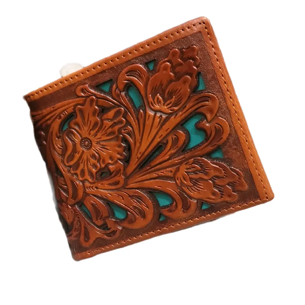 Western Mens wallet Western GENUINE LEATHER Short Lasercut Layered Tan & Teal