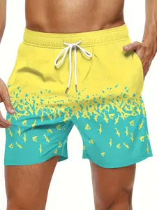 New Men's Gradient Shark-Print Beach Shorts: Yellow and Blue Color-Blocked Drawstring Waist Casual Shorts—Cool and Breathable, 3D-Printed Summer Beach Vacation Hawaiian-Style Swim Shorts for an Energetic Surfing Look