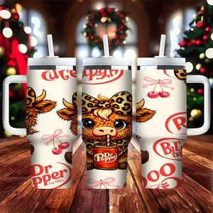 40oz Dr Pepper Highland Cow Insulated Tumbler with Handle, Double Wall Stainless Steel Vacuum Mug, Cute Leopard Bow Cow Print Cup for Christmas Birthday Valentine's Day New Year Thanksgiving Gift, Drinkware, Flask Tumbler