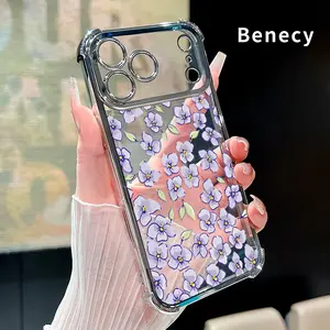 Compatible with iPhone 17 16 Pro Max 15 Plus 14 13 12 11 E Air Phone Case Lilac Floral Dream Pattern Transparent Full Coverage Four Corners Anti-drop Casing