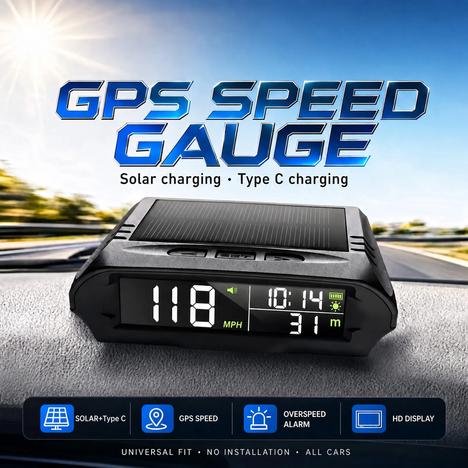 AOMOSUR Portable Plastic GPS Speedometer MPH Digital Dashboard Display for Cars - Auto Brightness, Altitude & Temperature Readout, Solar-Powered Travel Driving Info Tool for RV, SUV, Sedan