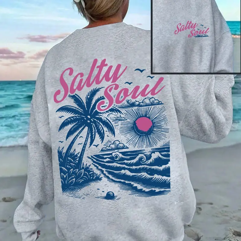 Vintage 90s Babe Letter Print Fleece Pullover, Baggy Casual Holiday-Style Round Neck Sweatshirt, Thick Fabric Loose Fit for Fall and Winter
