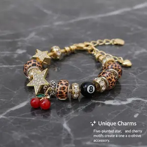 Women's Leopard Print Rhinestone Cherry Pendant Bracelet, Sexy Style Iron Chain Jewelry for All Seasons, Perfect Gift for Women