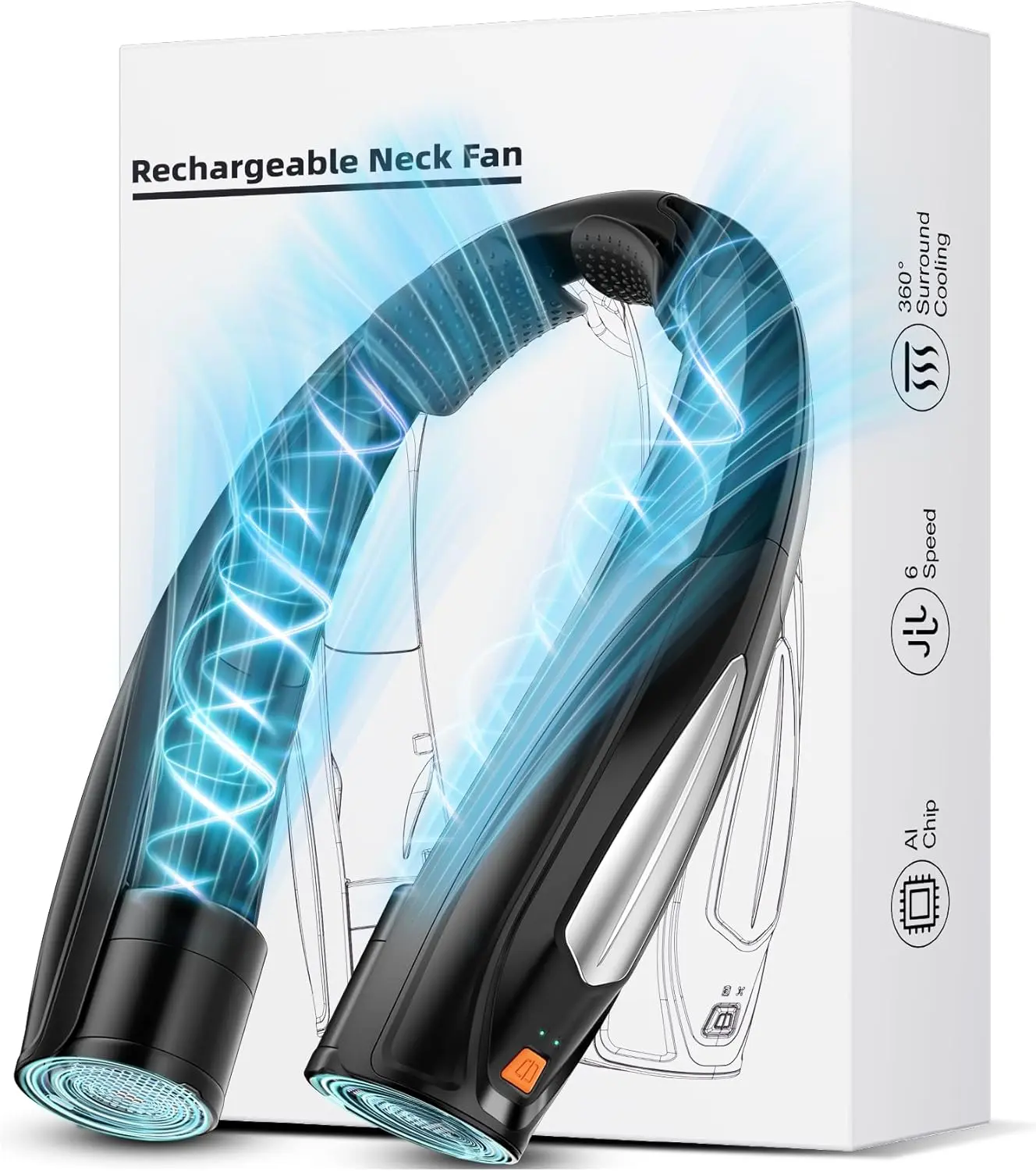 Hionly AI Neck Fan, 6 Speeds Adjustable Portable Personal Fan Rechargeable, Faster Cooling Wearable Fan, Ultra Quiet for Home, Office, Travel, Outdoor