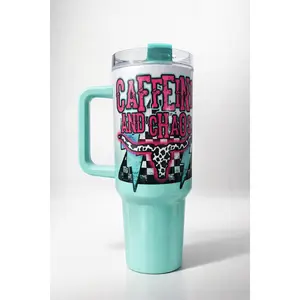 Caffeine & Chaos 40 oz Tumbler — Mint Green Western Leopard Longhorn Handle Cup