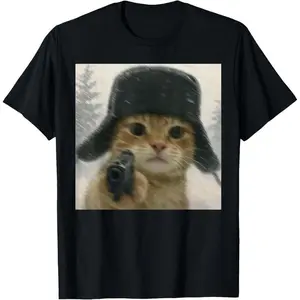 Wacky Cat Wearing Ushanka Hat Meme T-Shirt, Funny Silly Cat Humor Graphic Tee for Men Women, Soft Casual Unisex Streetwear Top for Everyday Wear, Cute Animal Meme Aesthetic Shirt and Gift Idea for Cat Lovers