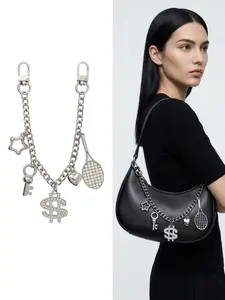 Trendy Silver Metal Bag Charm Chain with Dollar Sign & Heart Pendants, Y2K Aesthetic Tennis Racket Purse Ornament, Punk Style DIY Decorative Extension for Shoulder Bags