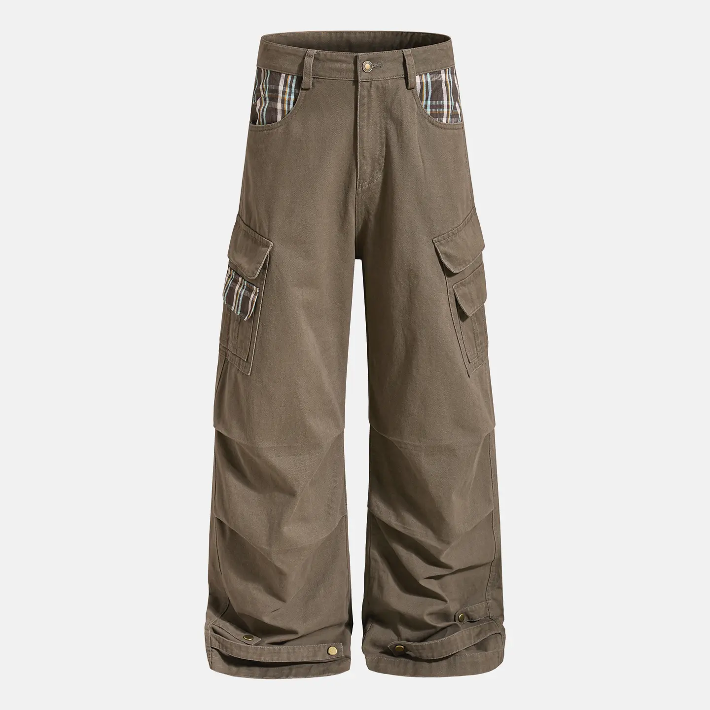 Inflation 100% Cotton Plaid Patch Cargo Pants Multi Flap Pocket Ruched Knee Detail Adjustable Cuff Baggy Wide Leg Streetwear Workwear Trousers