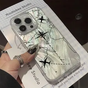 Trendy Travel Map & Airplane Shiny Phone Case for iPhone 17/16/15/14/13/12/11 Pro Max/Pro/Plus/Air Durable TPU PET Protection Cover