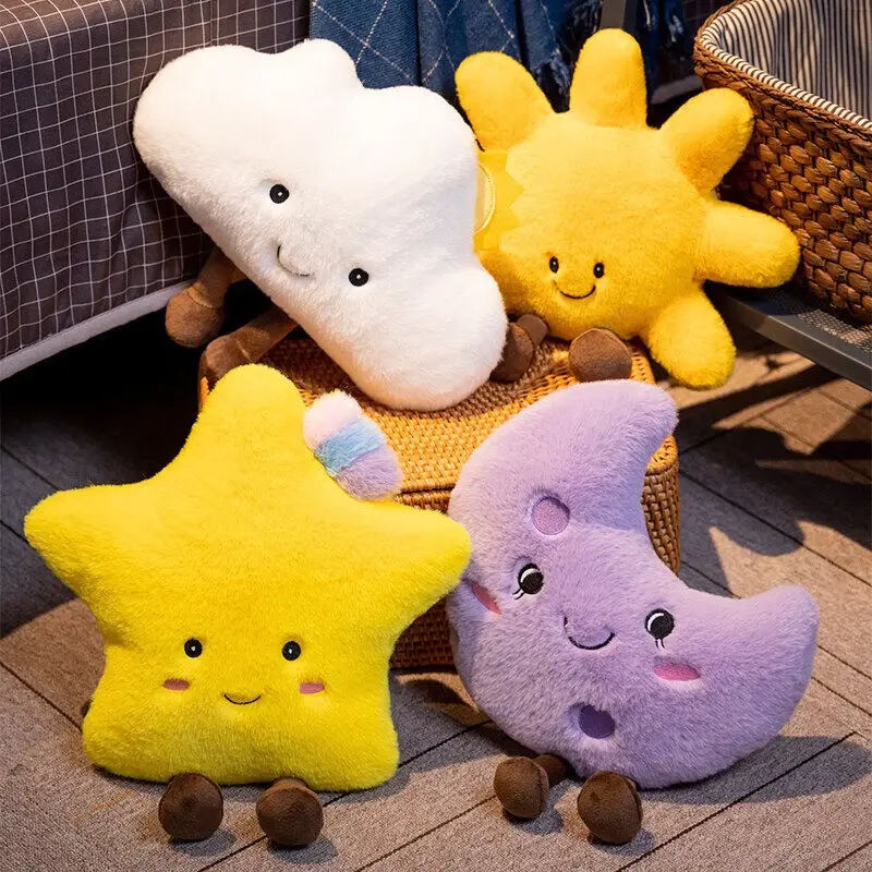 Space-themed plush toys featuring stars, the moon, the sun, and clouds. These adorable gifts are perfect for cuddling at bedtime to help soothe little ones into a peaceful sleep.
