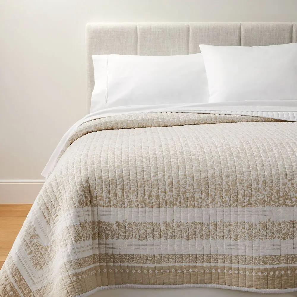 Full/Queen Decorative Border Cotton Slub Wood Block Print Quilt White/Beige Floral - Threshold designed with Studio McGee