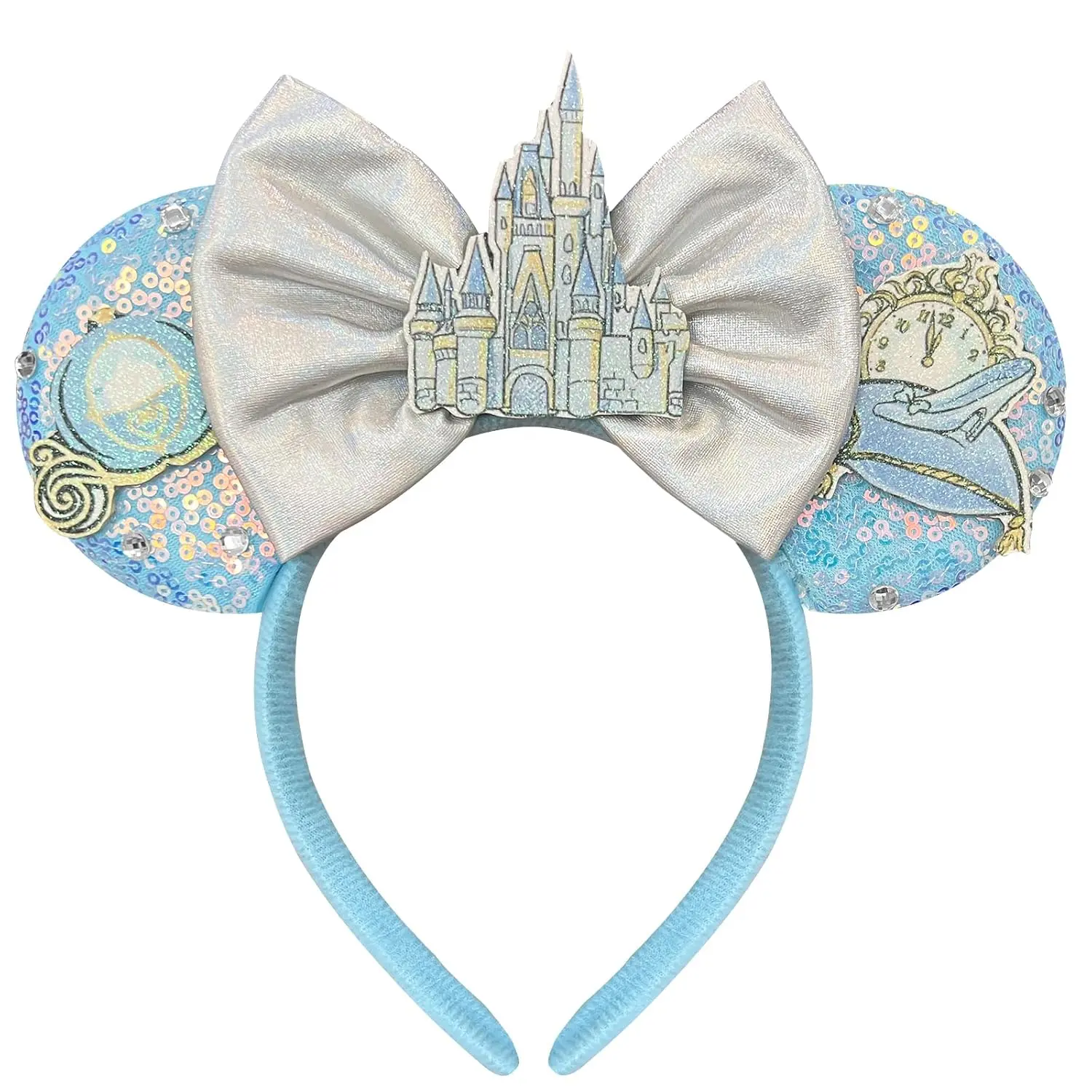 Girls' Princess Themed Headband with Blue Sequin Cartoon Mouse Ears, Glitter Castle Bow, Elastic Hair Accessory for Parties & Park Visits, Elastic Headband