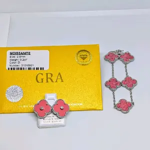 Brand New Pink Mother of Pearllll Moissanite Earrings & Bracelet 925 sterling Silver clover Set.