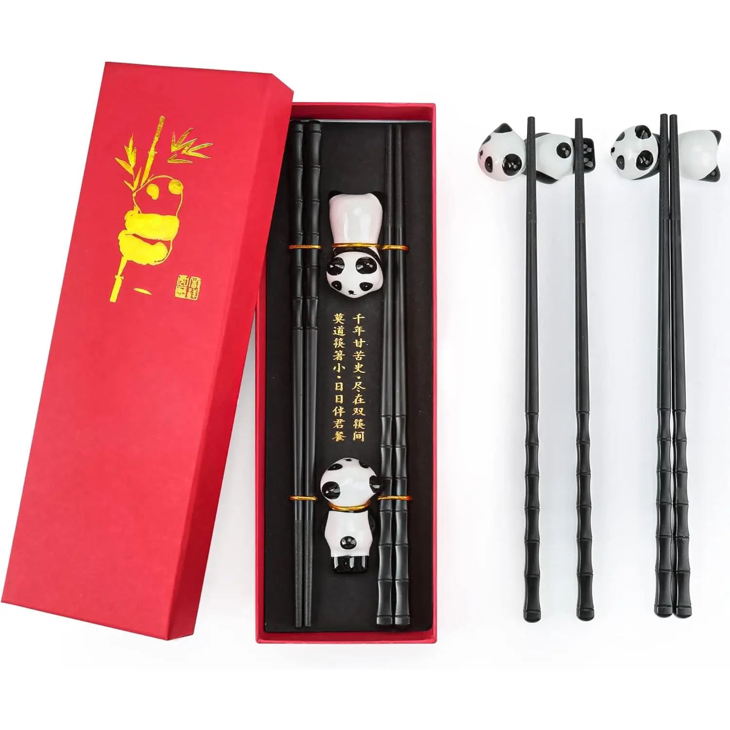 Non-slip Chopsticks and Chopstick Rest  Set, 2 Pairs  Panda Chopsticks with Red  Case, Dishwasher Safe Chopsticks with Cute Panda Holders for Thanksgiving Day, Christmas(Black)