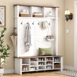 Farmhouse 4-in-1 Hall Tree with 6 Hooks, Walnut Entryway Bench with Shelves, Wooden Style Rustic Shoe Organizer with 16 Open Compartments for Mudroom, Living Room