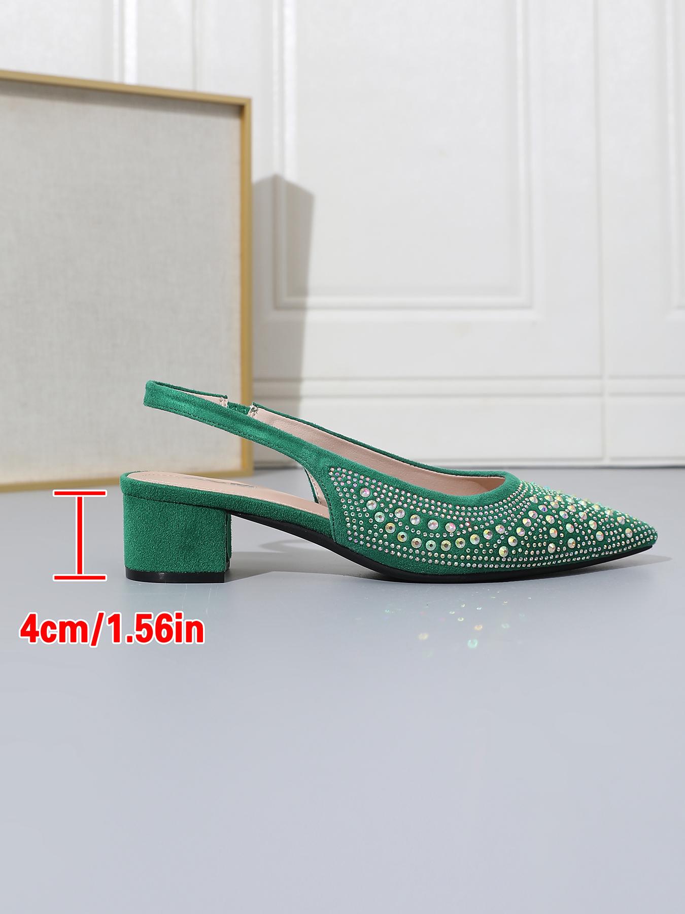 Women's pointed toe chunky heels with stylish green rhinestone embellishments on the back strap comfortable mid heel casual and versatile suitable for all season outfits