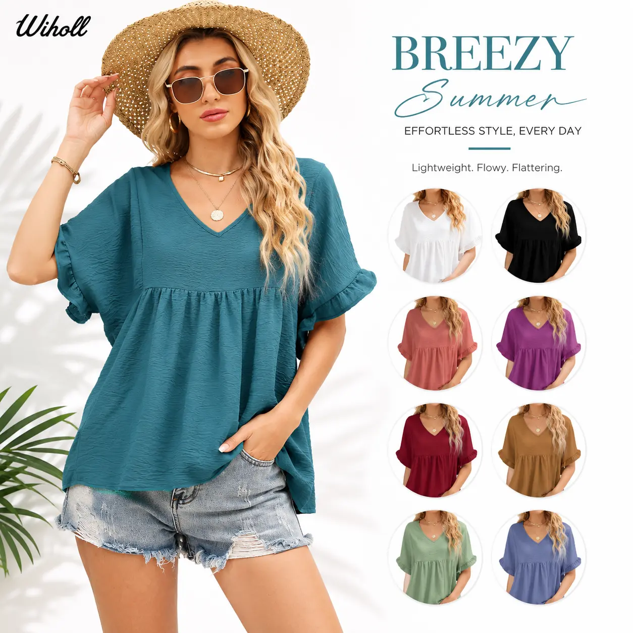 【Flash Sale · Final Stock】WIHOLL Women's Ruffle Sleeve V Neck Tops Loose Fit Babydoll Blouses Soft Breathable Flowy Casual Work Vacation 2026